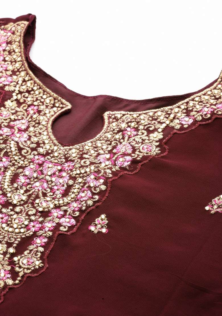 Brown Embroidered Georgette Sharara Set - Indya