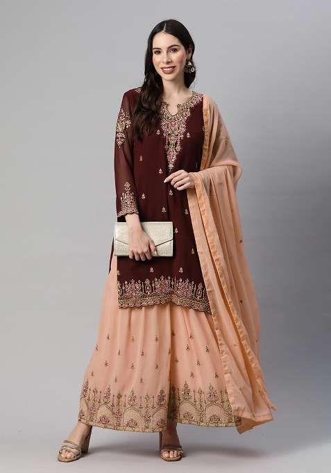 Brown Embroidered Georgette Sharara Set