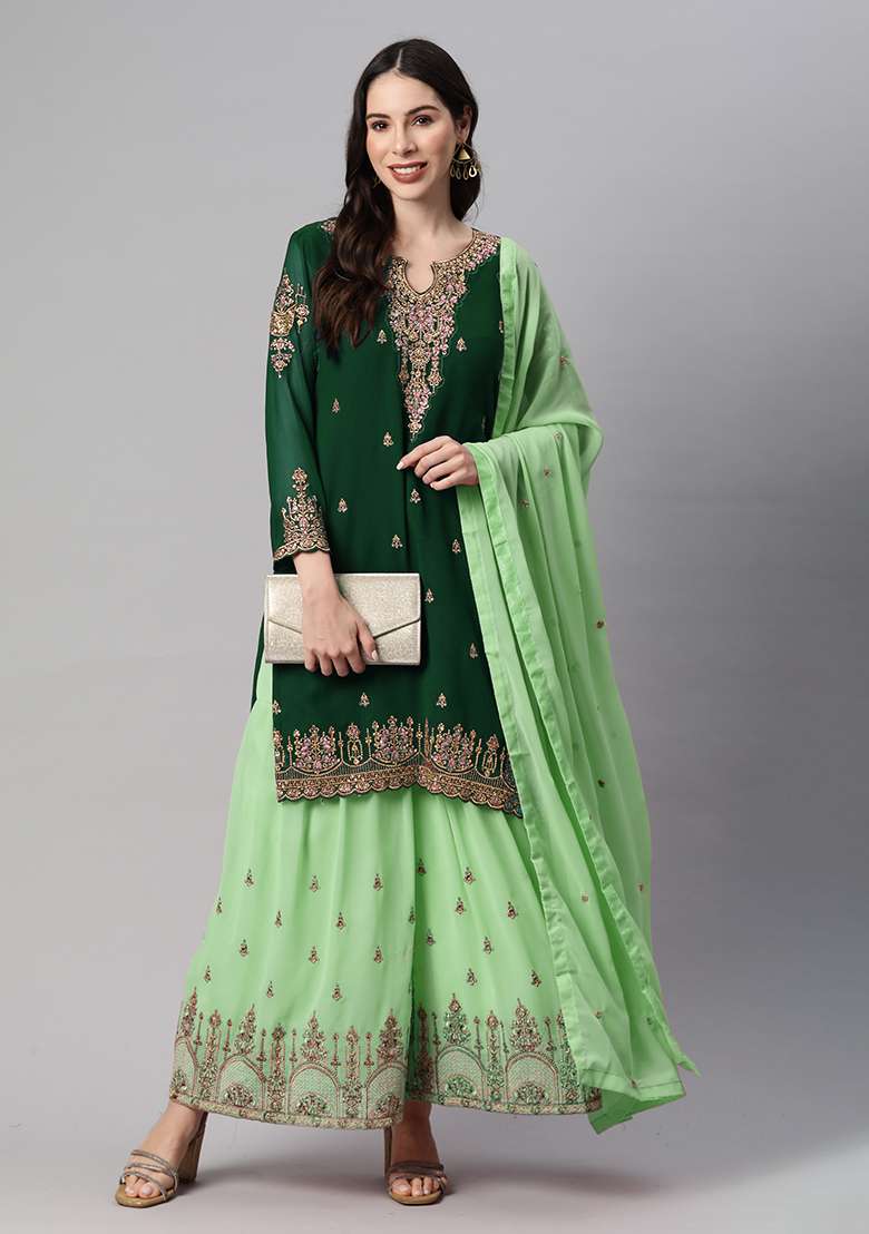 Green Embroidered Georgette Sharara Set - Indya