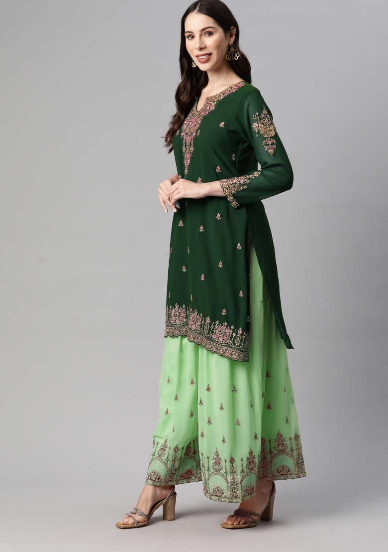 Green Embroidered Georgette Sharara Set - Indya