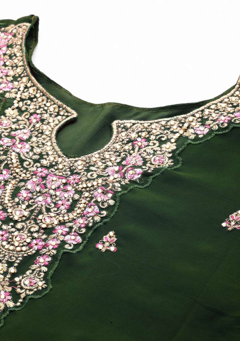 Green Embroidered Georgette Sharara Set - Indya