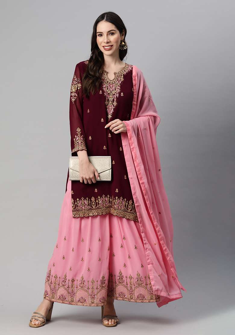 Purple Embroidered Georgette Sharara Set - Indya