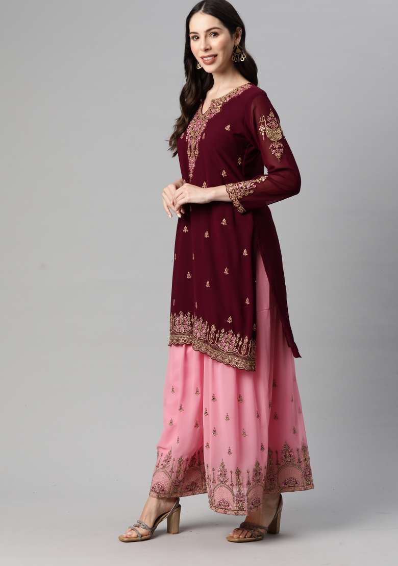 Purple Embroidered Georgette Sharara Set - Indya