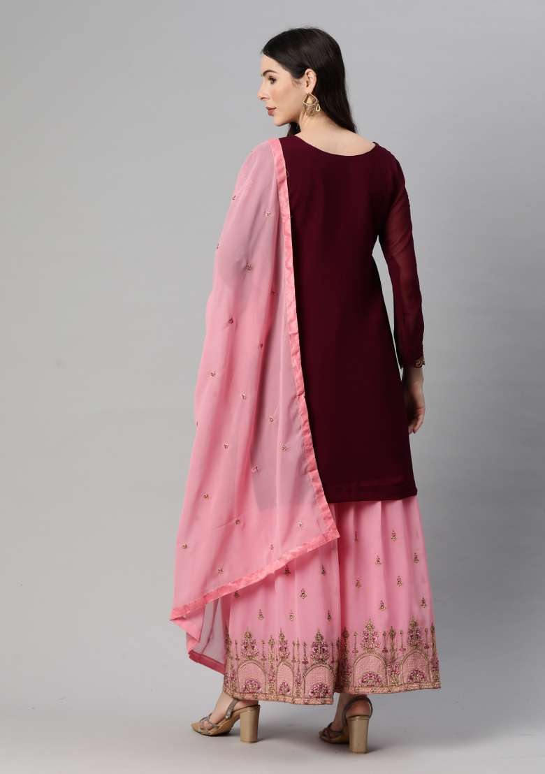 Purple Embroidered Georgette Sharara Set - Indya