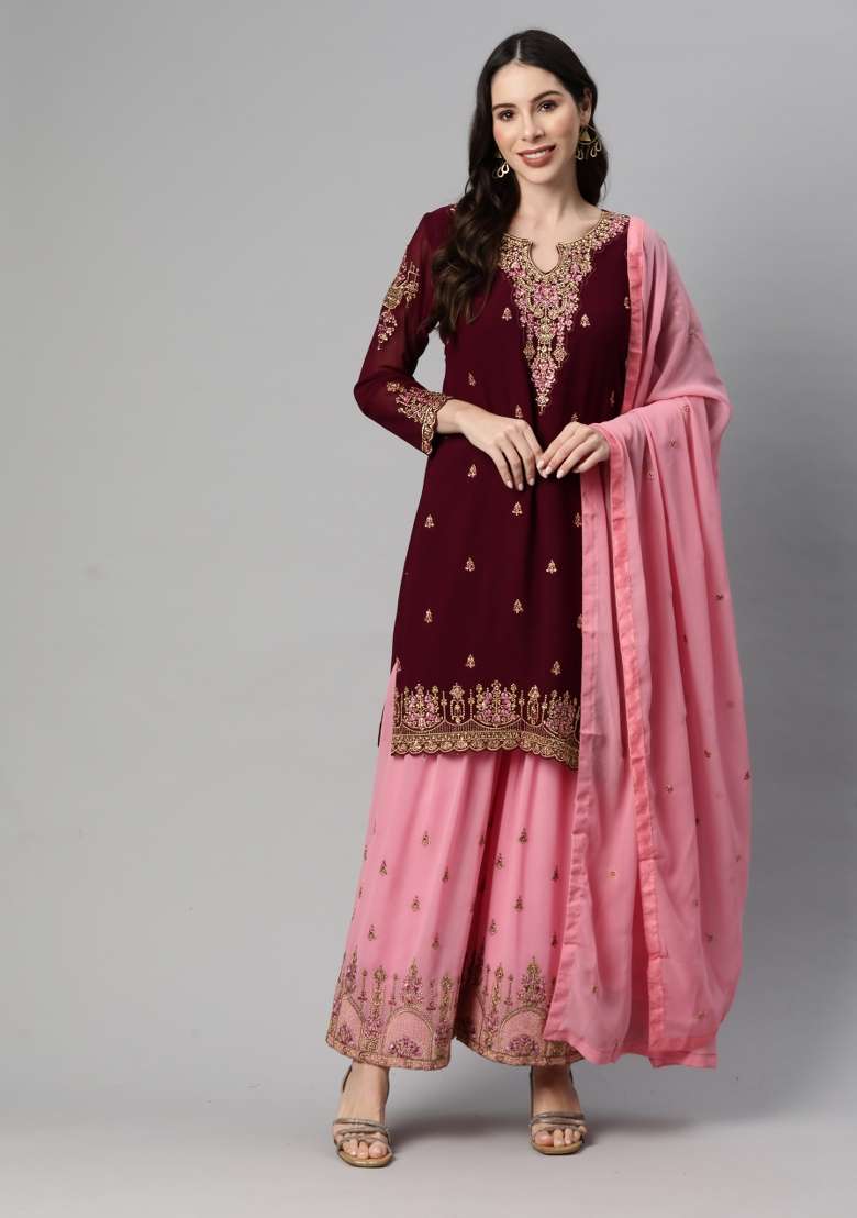 Purple Embroidered Georgette Sharara Set - Indya