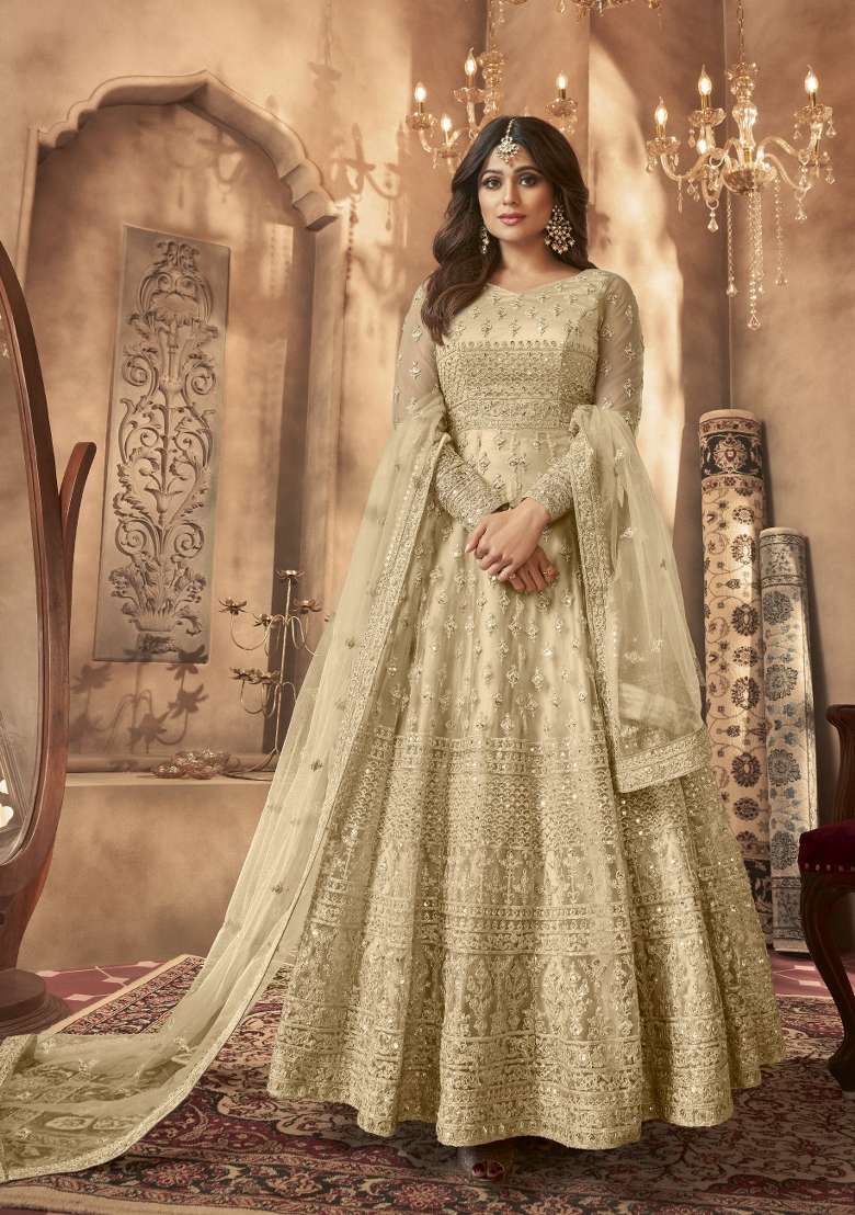 Beige Embroidered Net Anarkrali Set - Indya