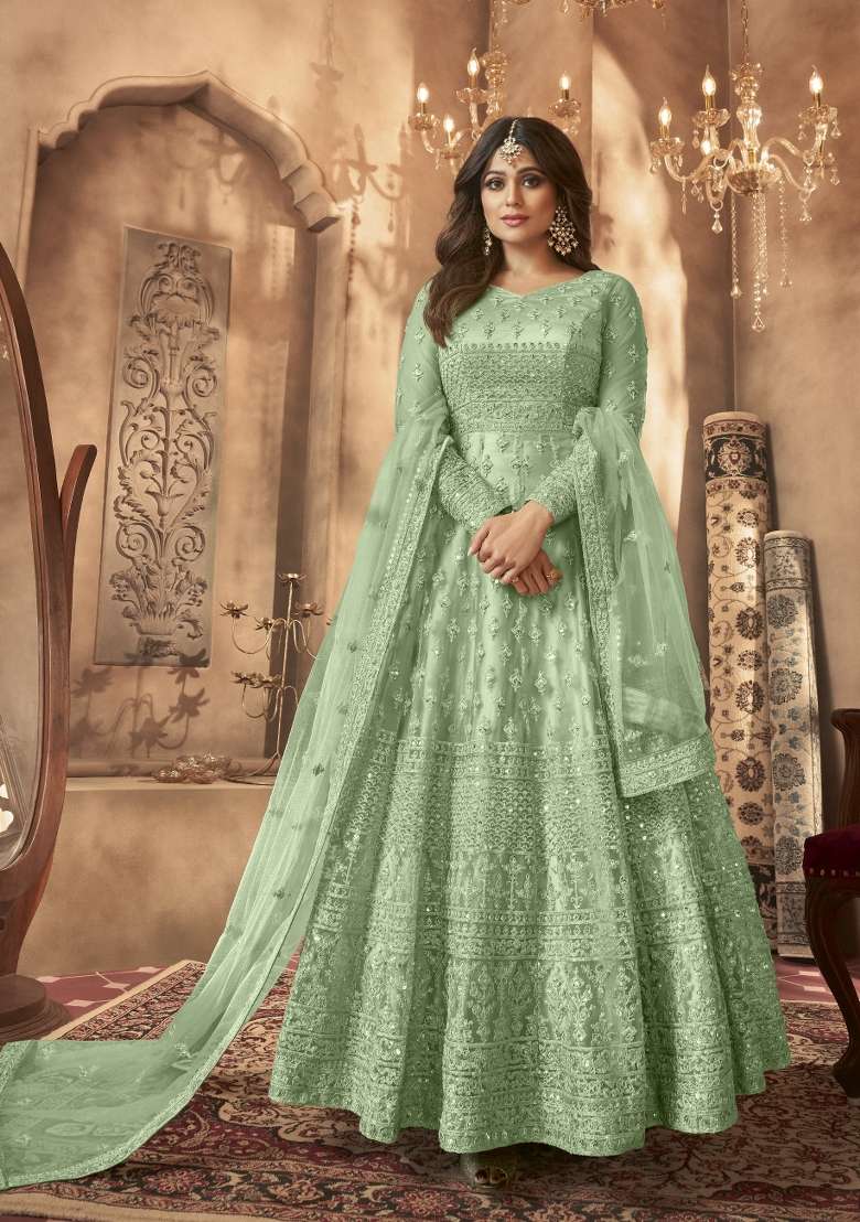 Green Embroidered Net Anarkrali Set - Indya