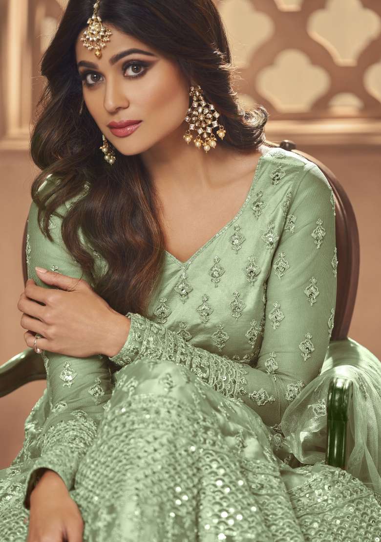 Green Embroidered Net Anarkrali Set - Indya