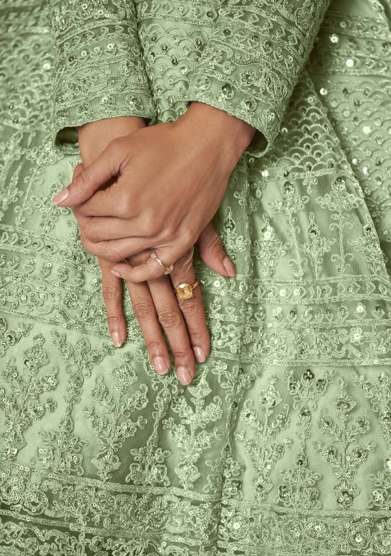 Green Embroidered Net Anarkrali Set - Indya