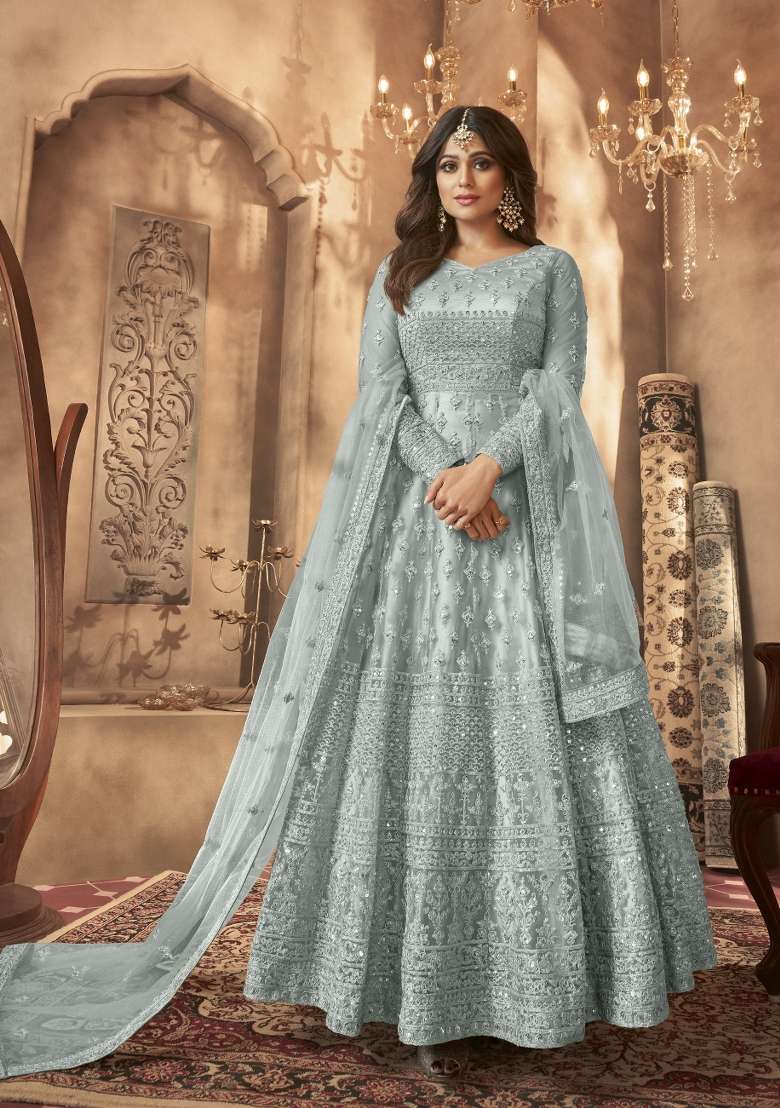 Grey Embroidered Net Anarkrali Set - Indya