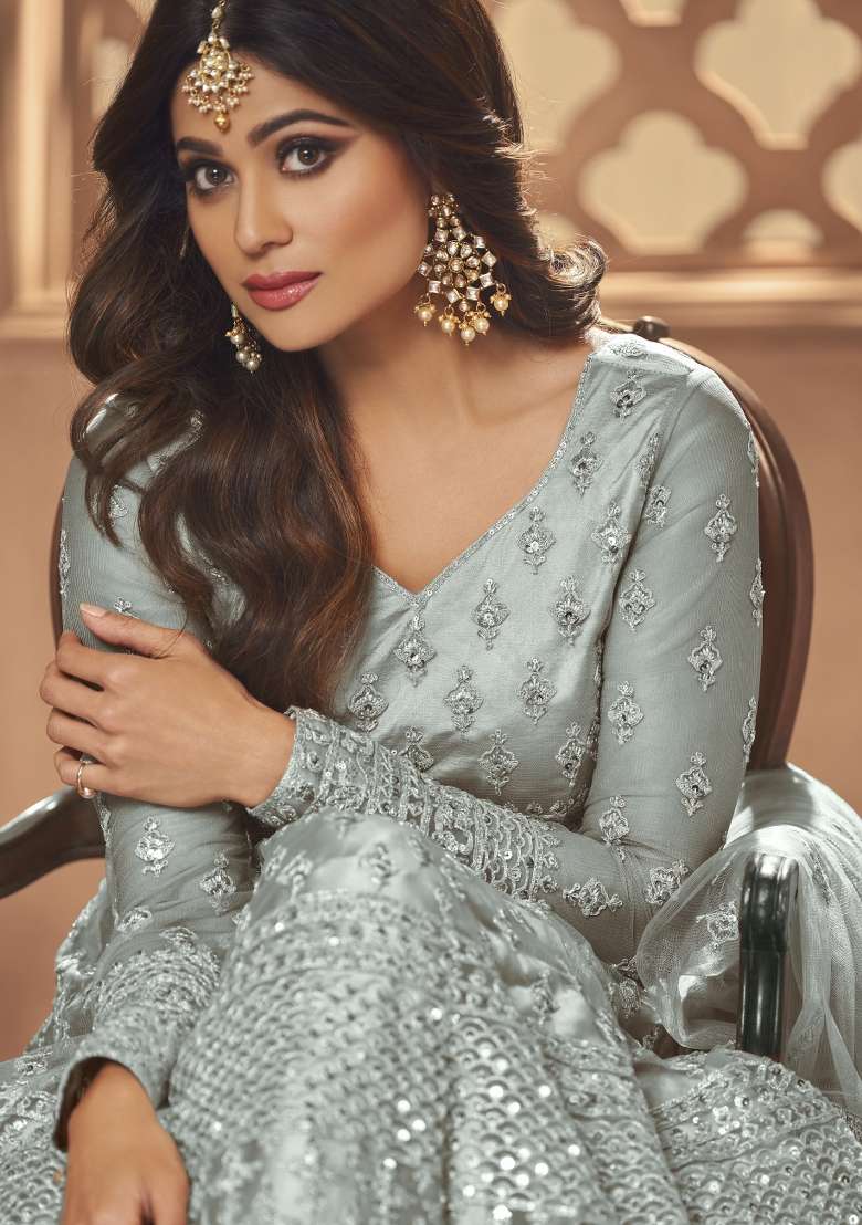 Grey Embroidered Net Anarkrali Set - Indya