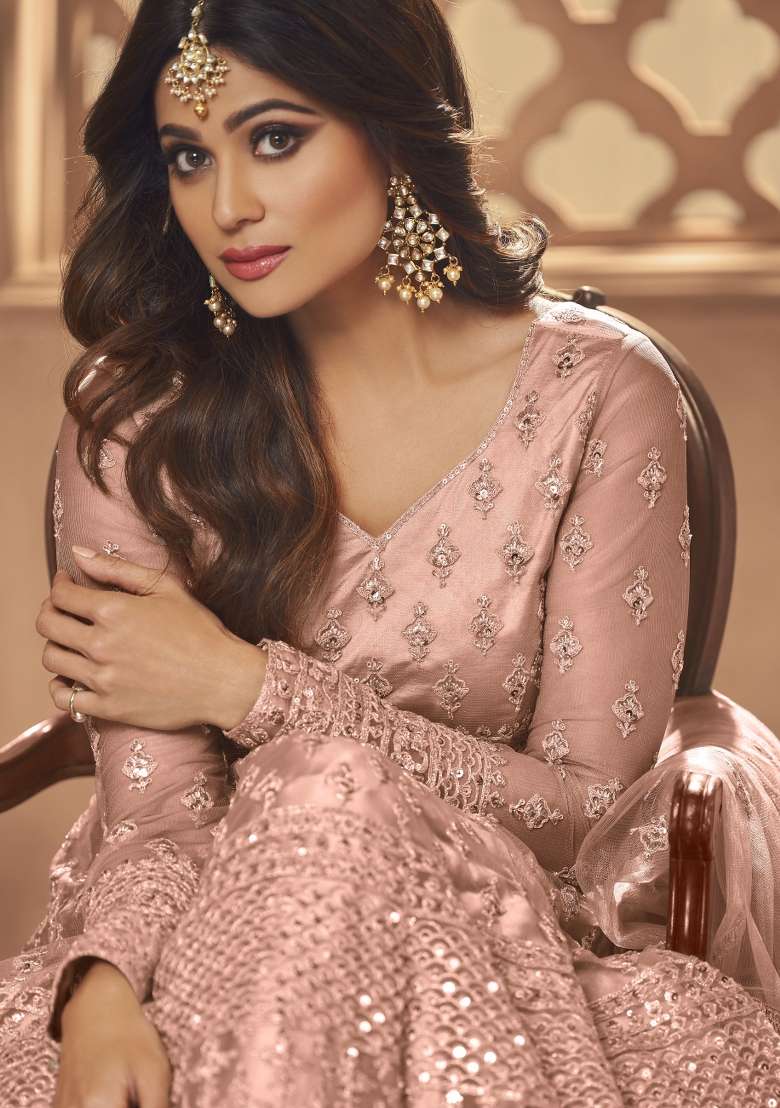Peach Embroidered Net Anarkrali Set - Indya