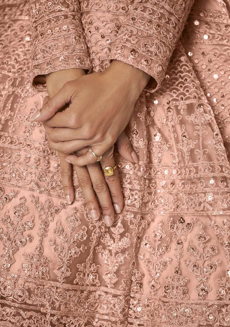 Peach Embroidered Net Anarkrali Set - Indya