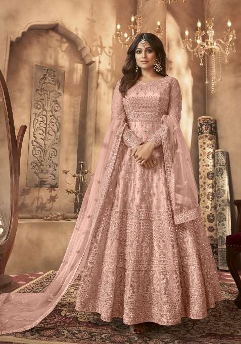 Peach Embroidered Net Anarkrali Set
