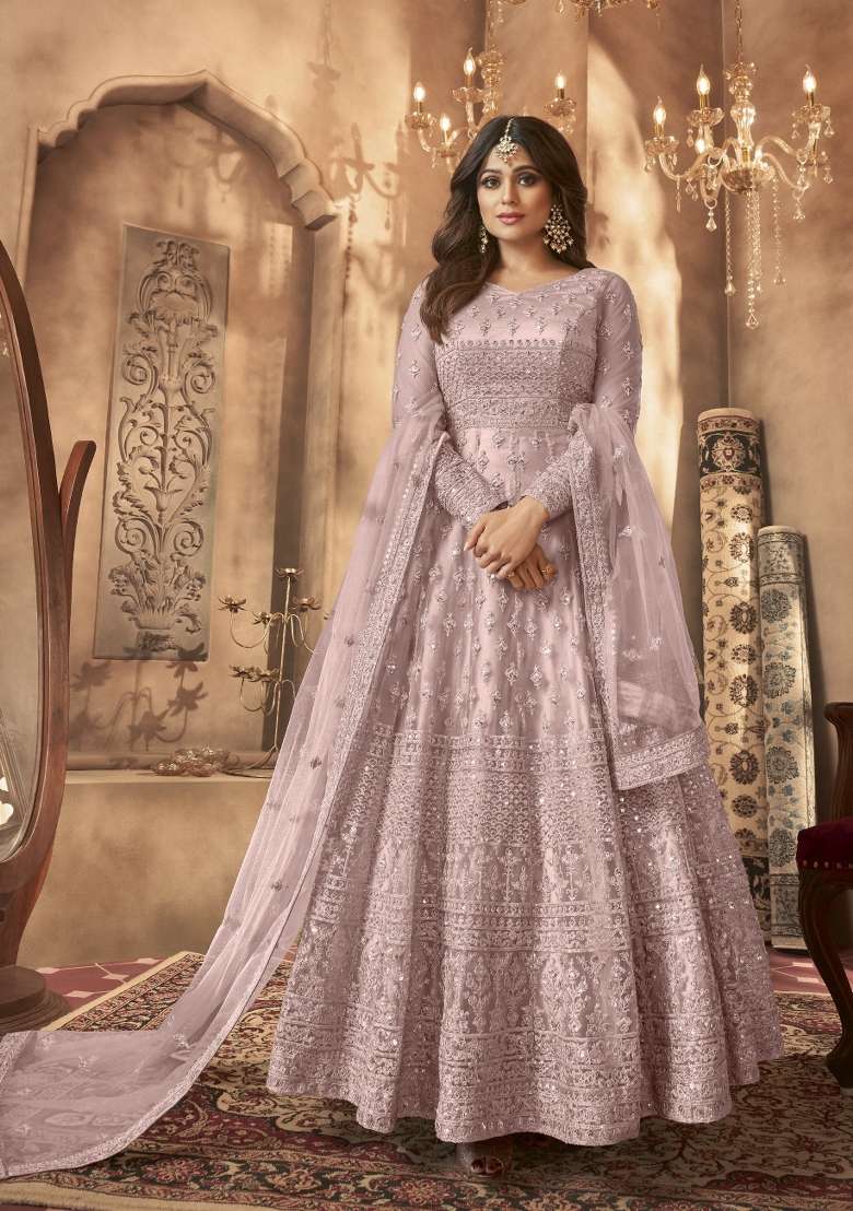 Dusty Purple Embroidered Net Anarkrali Set - Indya