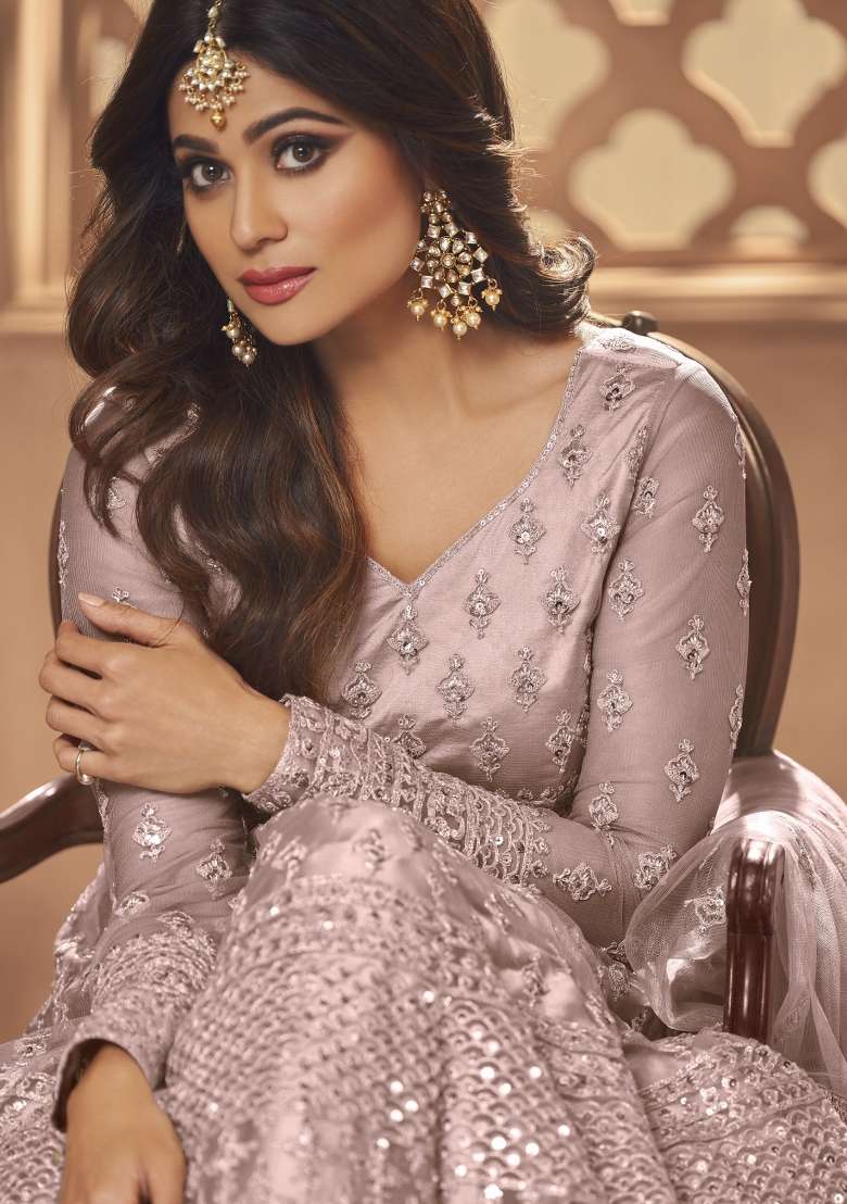 Dusty Purple Embroidered Net Anarkrali Set - Indya