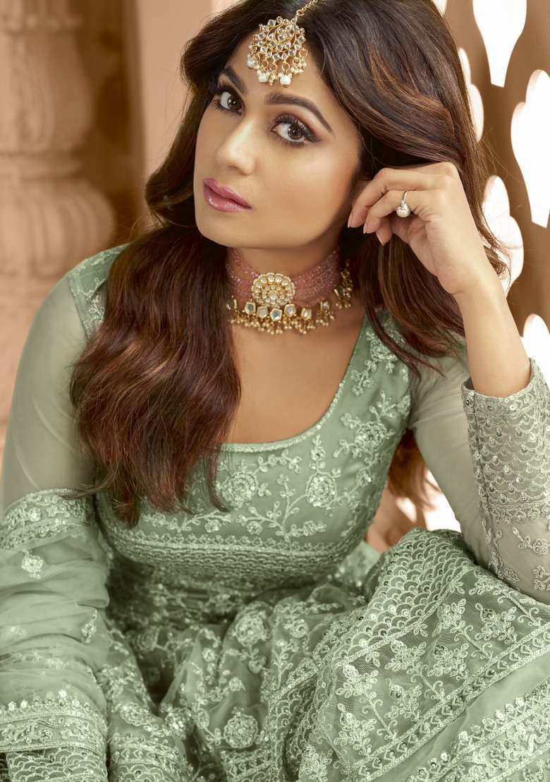 Green Embroidered Net Anarkrali Set - Indya