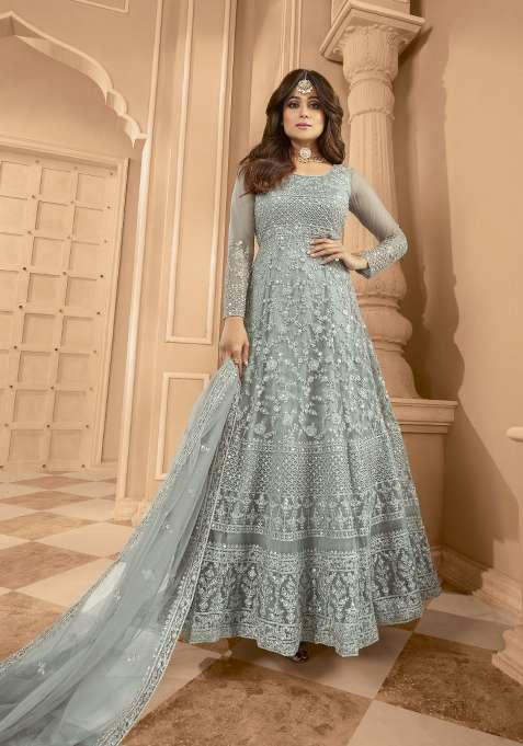Grey Embroidered Net Anarkrali Set
