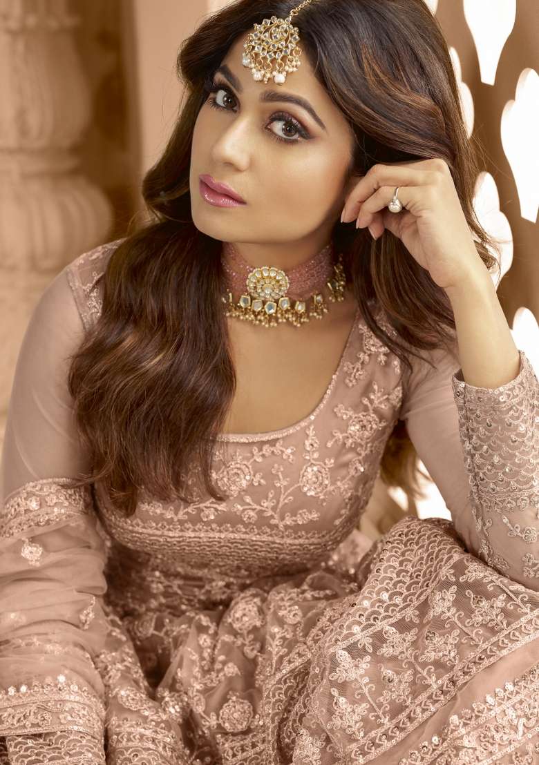Peach Embroidered Net Anarkrali Set - Indya