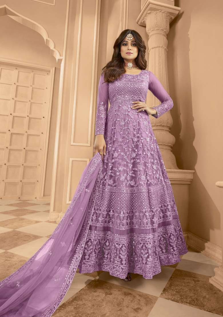 Purple Embroidered Net Anarkrali Set - Indya