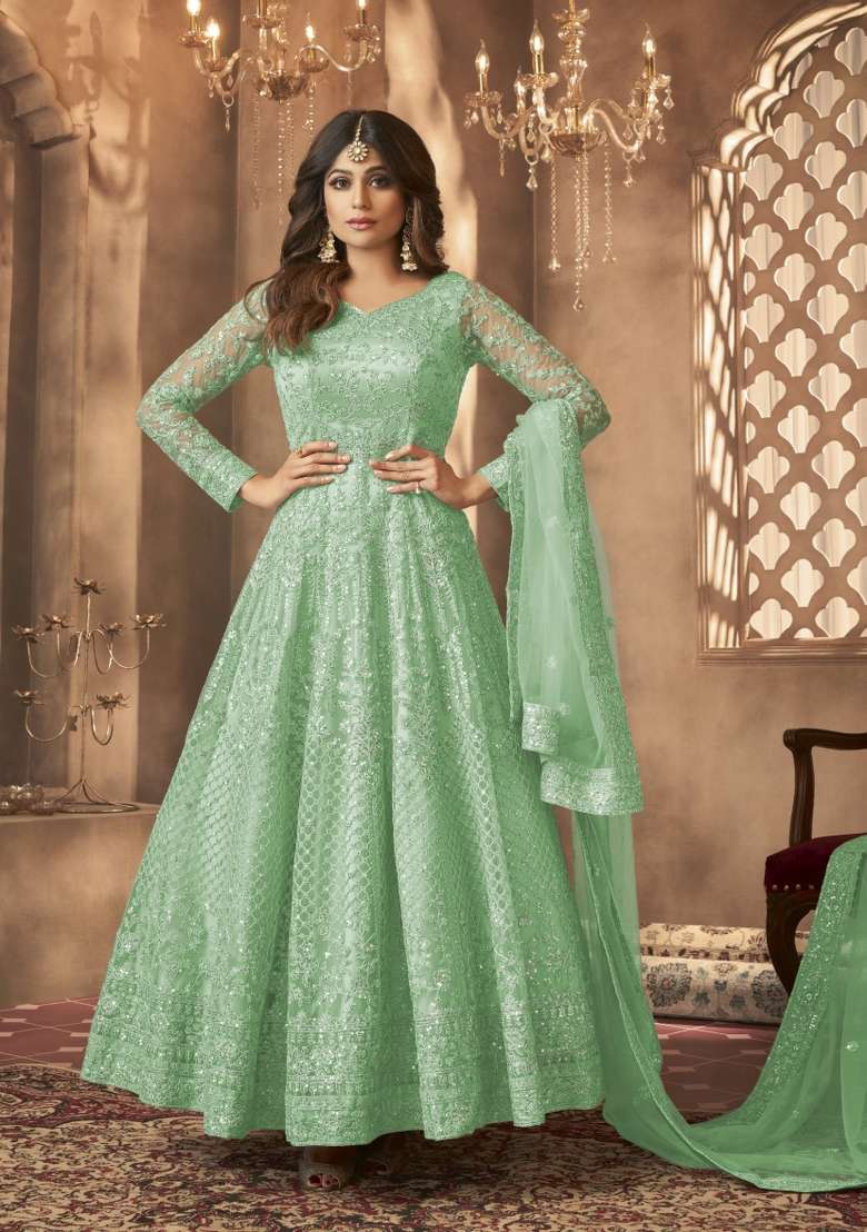 Green Embroidered Net Anarkrali Set - Indya