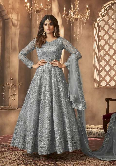 Grey Embroidered Net Anarkrali Set