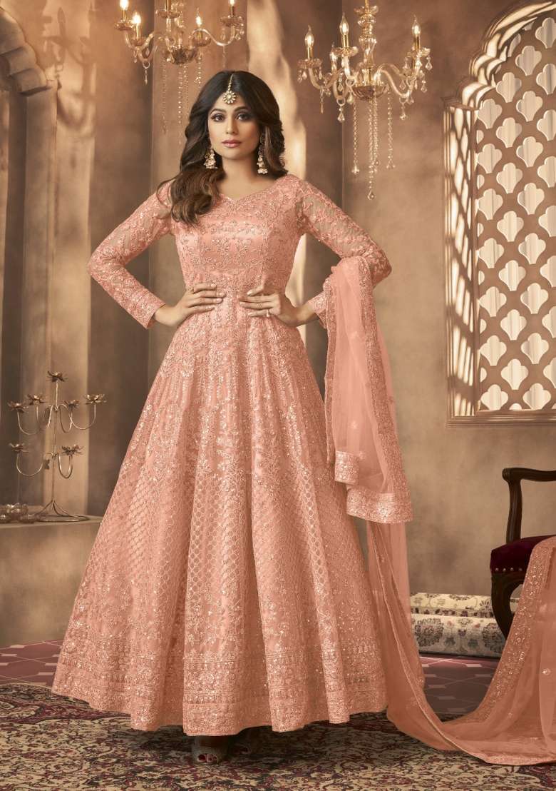 Peach Embroidered Net Anarkrali Set - Indya