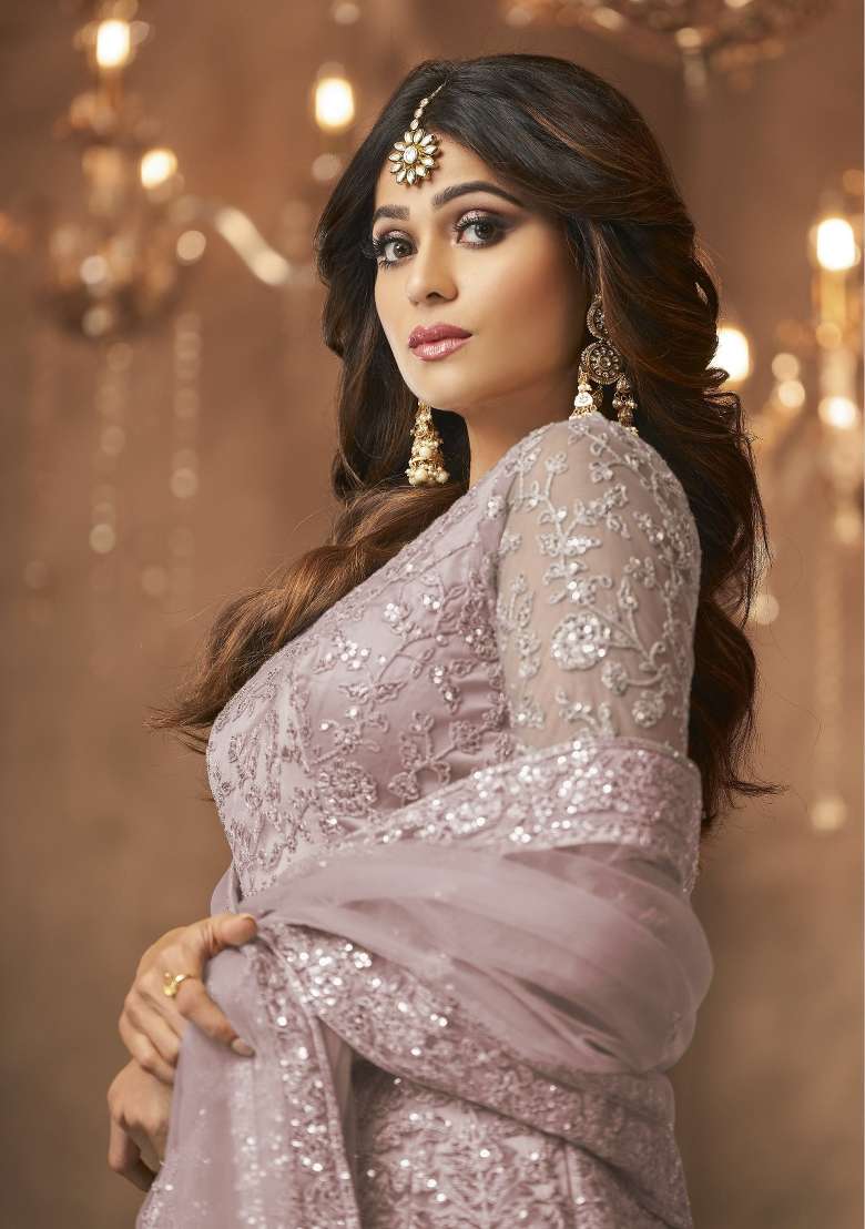 Dusty Purple Embroidered Net Anarkrali Set - Indya