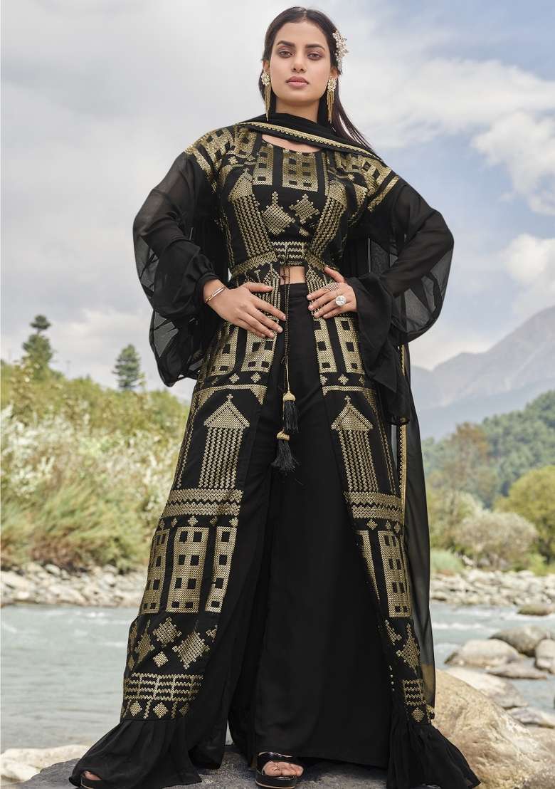 Black Embroidered Georgette Palazzo Set - Indya