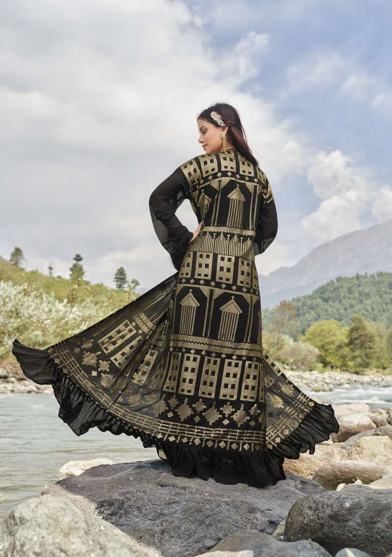 Black Embroidered Georgette Palazzo Set - Indya