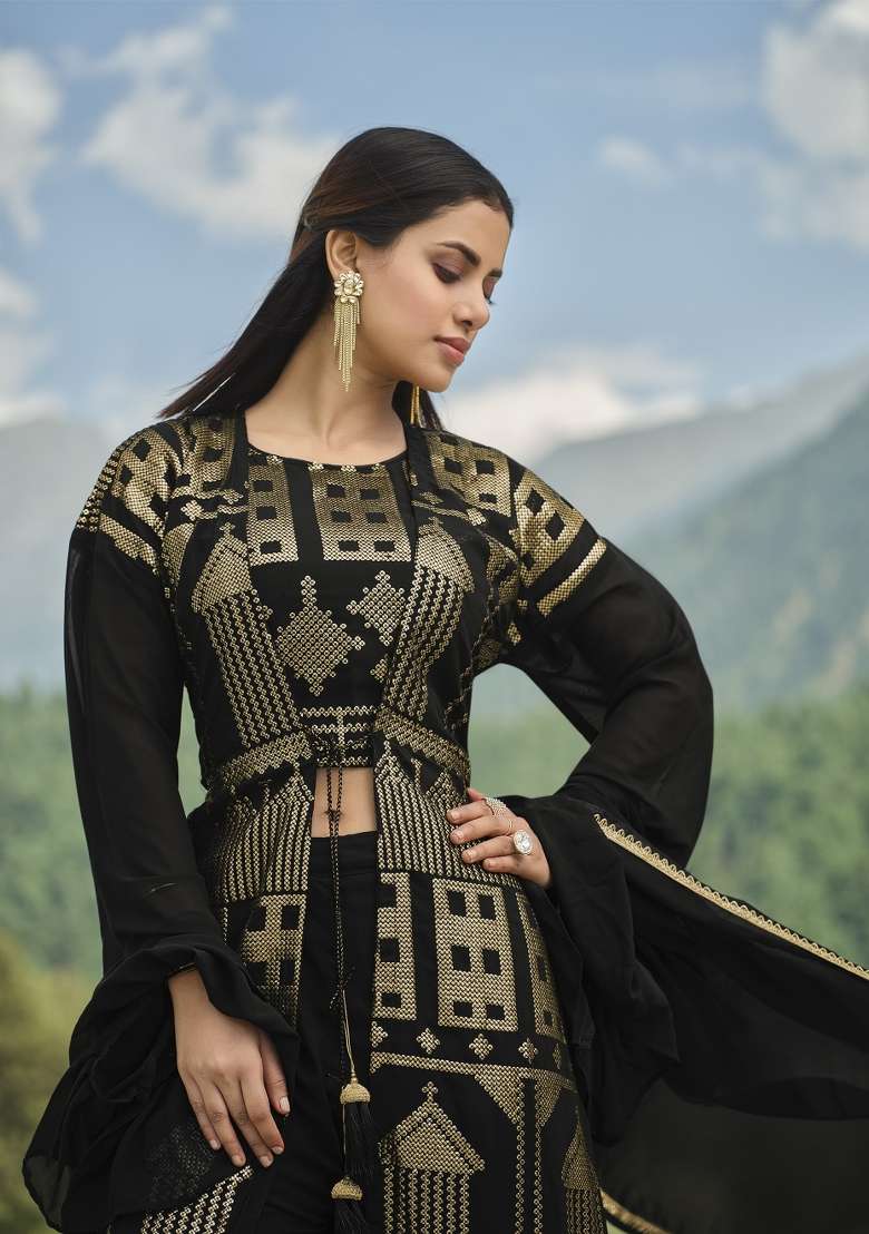 Black Embroidered Georgette Palazzo Set - Indya