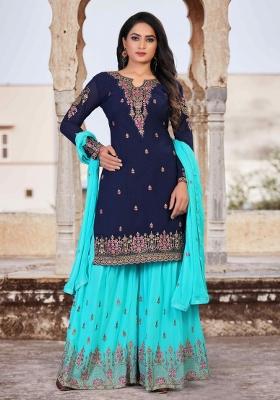 Blue Embroidered Georgette Sharara Set
