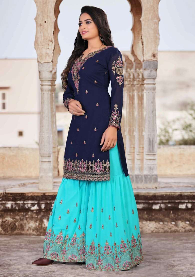 Blue Embroidered Georgette Sharara Set - Indya