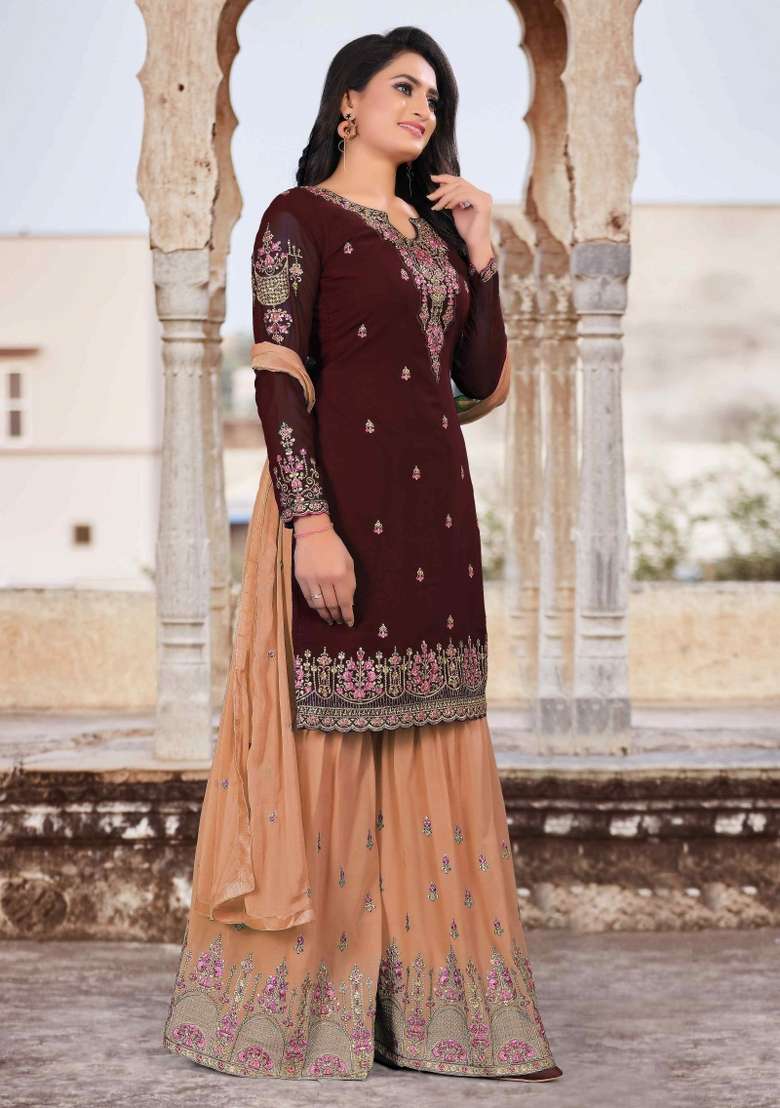Brown Embroidered Georgette Sharara Set - Indya