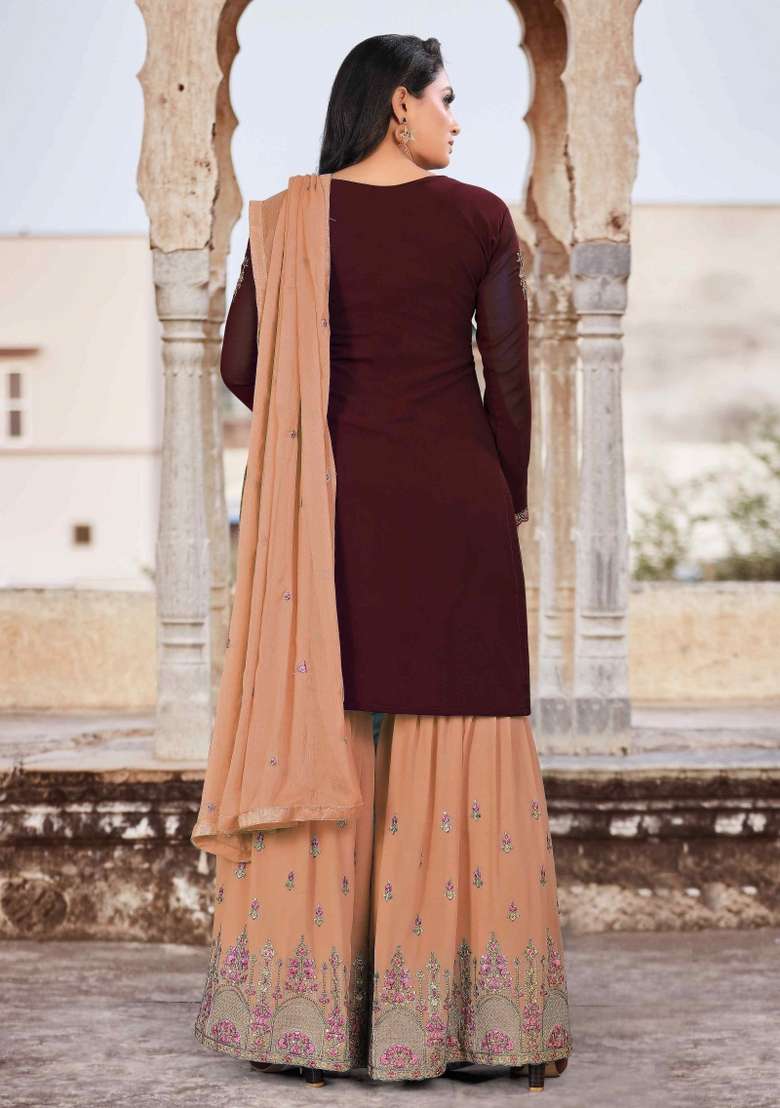 Brown Embroidered Georgette Sharara Set - Indya