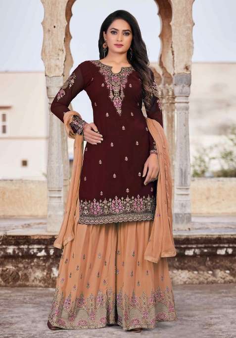 Brown Embroidered Georgette Sharara Set