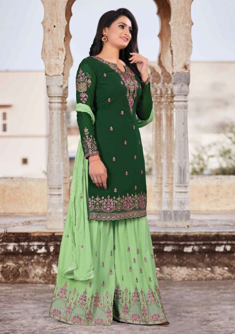 Green Embroidered Georgette Sharara Set - Indya
