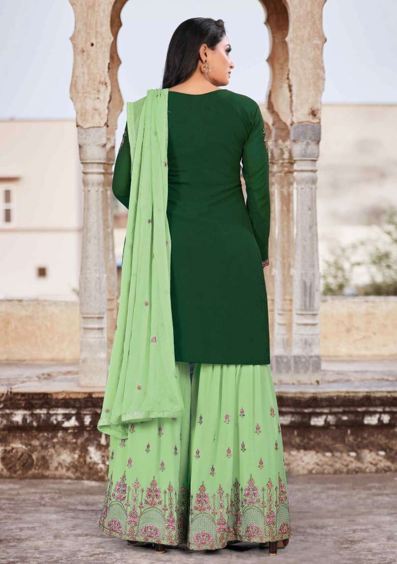 Green Embroidered Georgette Sharara Set - Indya