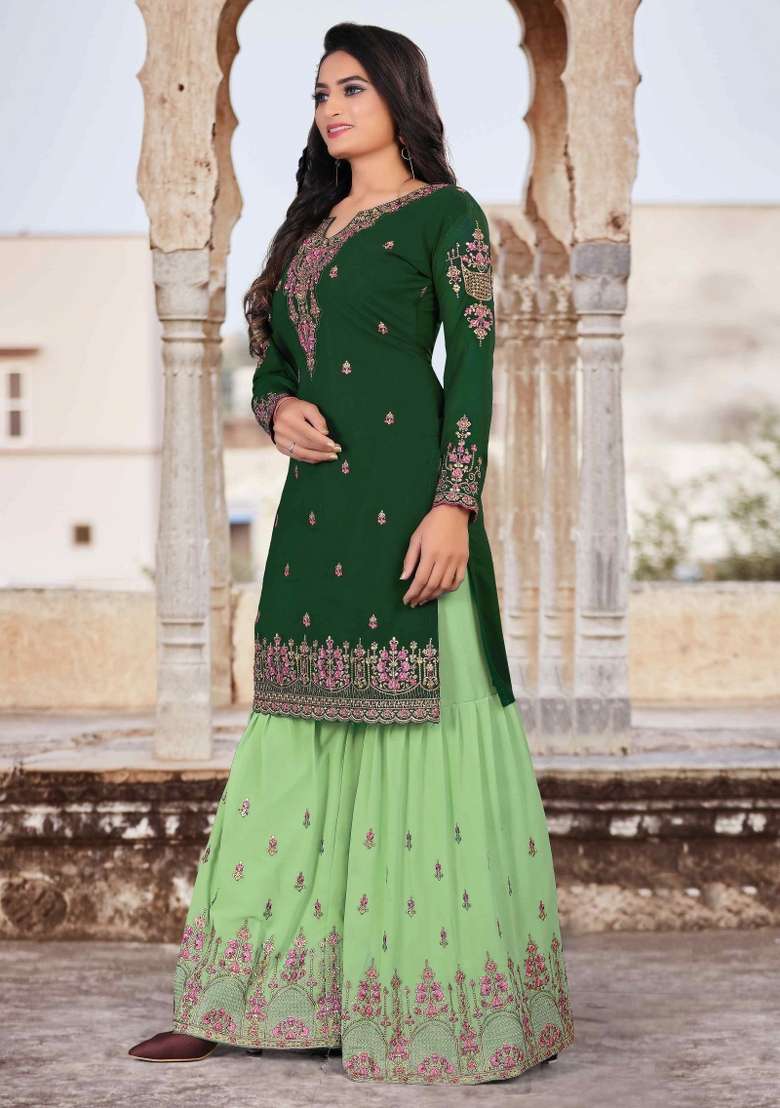 Green Embroidered Georgette Sharara Set - Indya