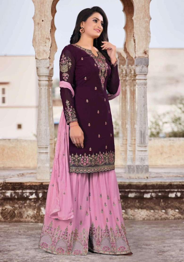 Purple Embroidered Georgette Sharara Set - Indya
