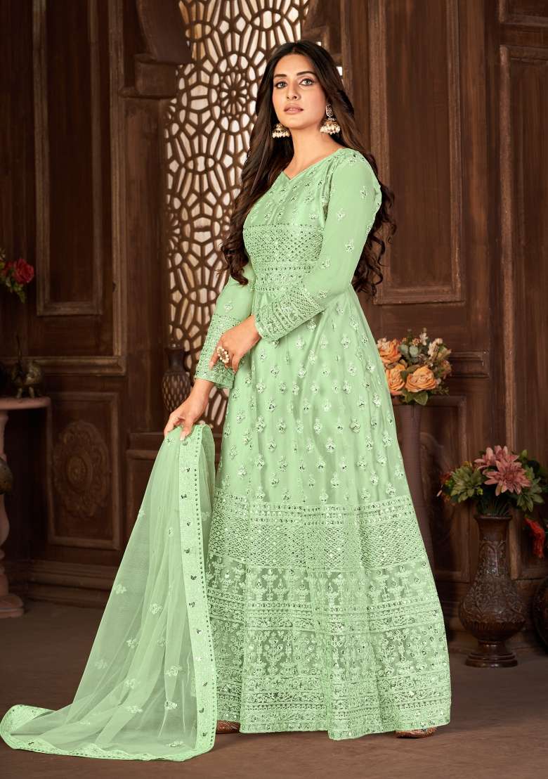 Green Embroidered Net Anarkrali Set - Indya