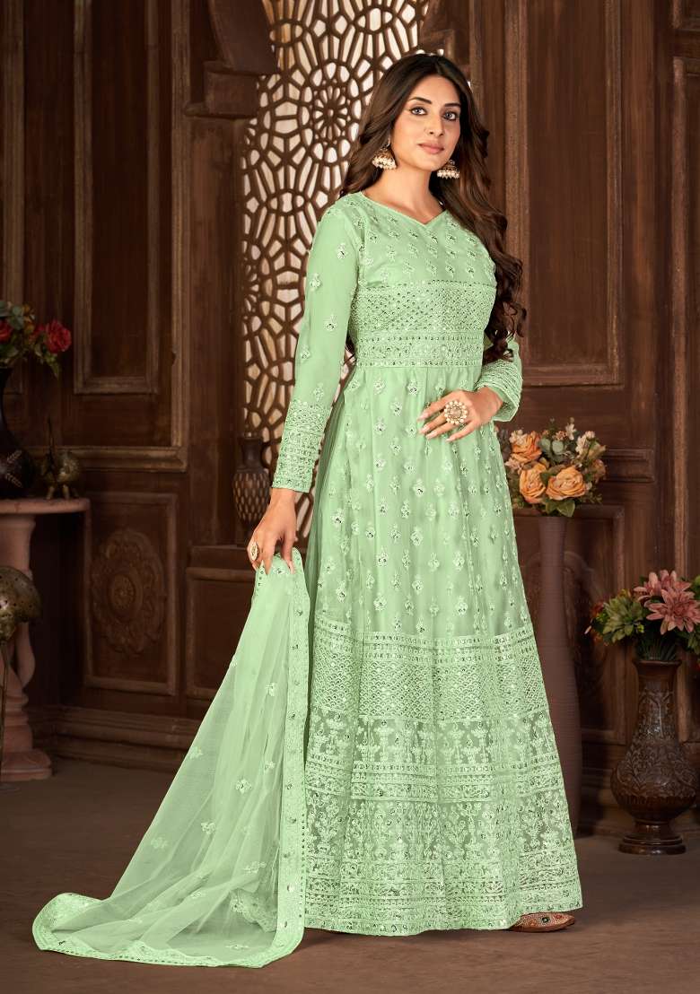 Green Embroidered Net Anarkrali Set - Indya