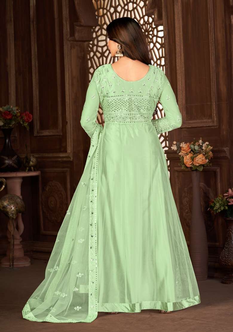 Green Embroidered Net Anarkrali Set - Indya