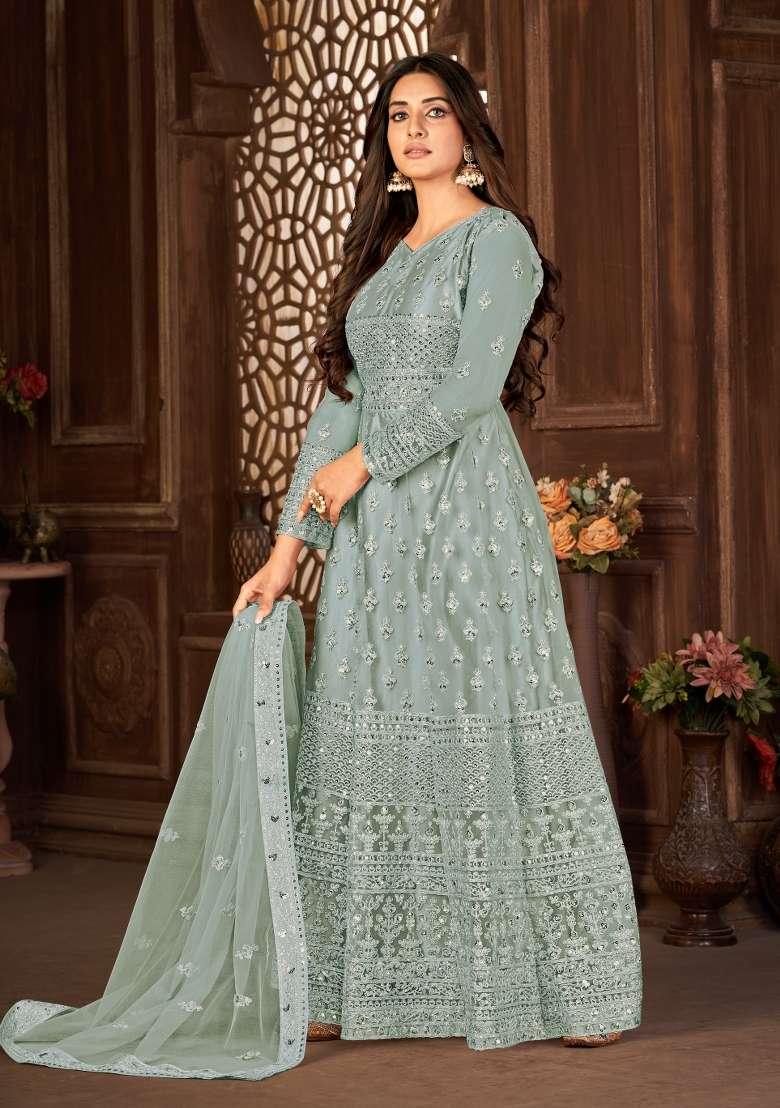 Grey Embroidered Net Anarkrali Set - Indya