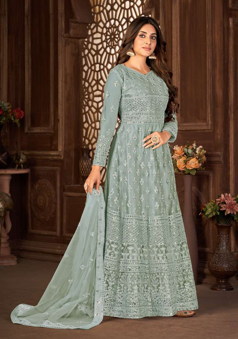 Grey Embroidered Net Anarkrali Set - Indya