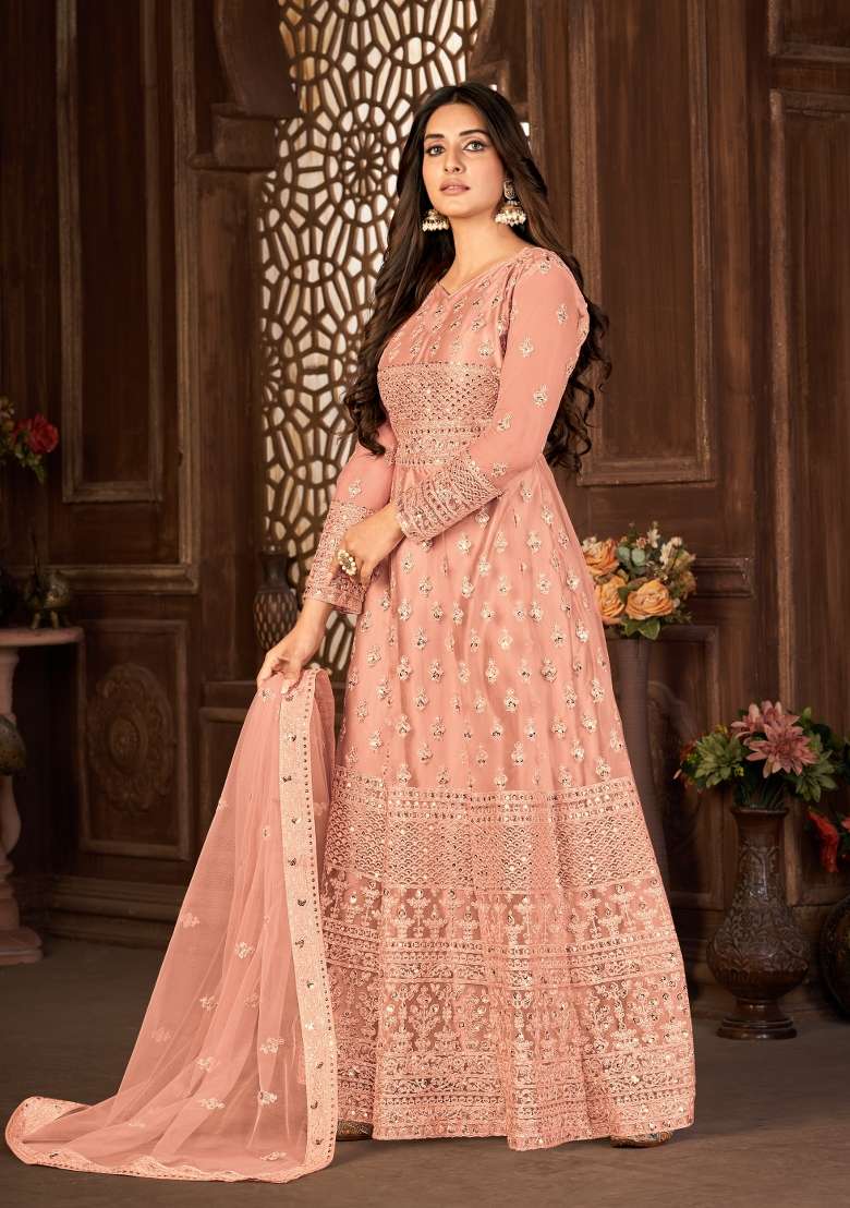 Peach Embroidered Net Anarkrali Set - Indya