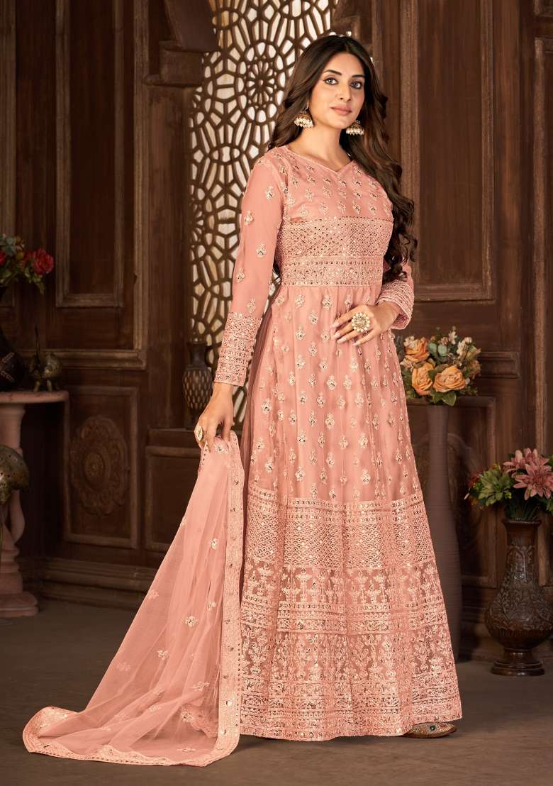 Peach Embroidered Net Anarkrali Set - Indya