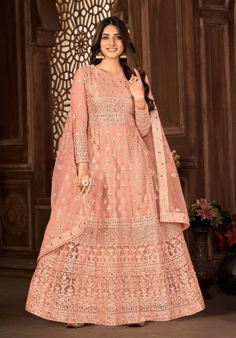 Peach Embroidered Net Anarkrali Set