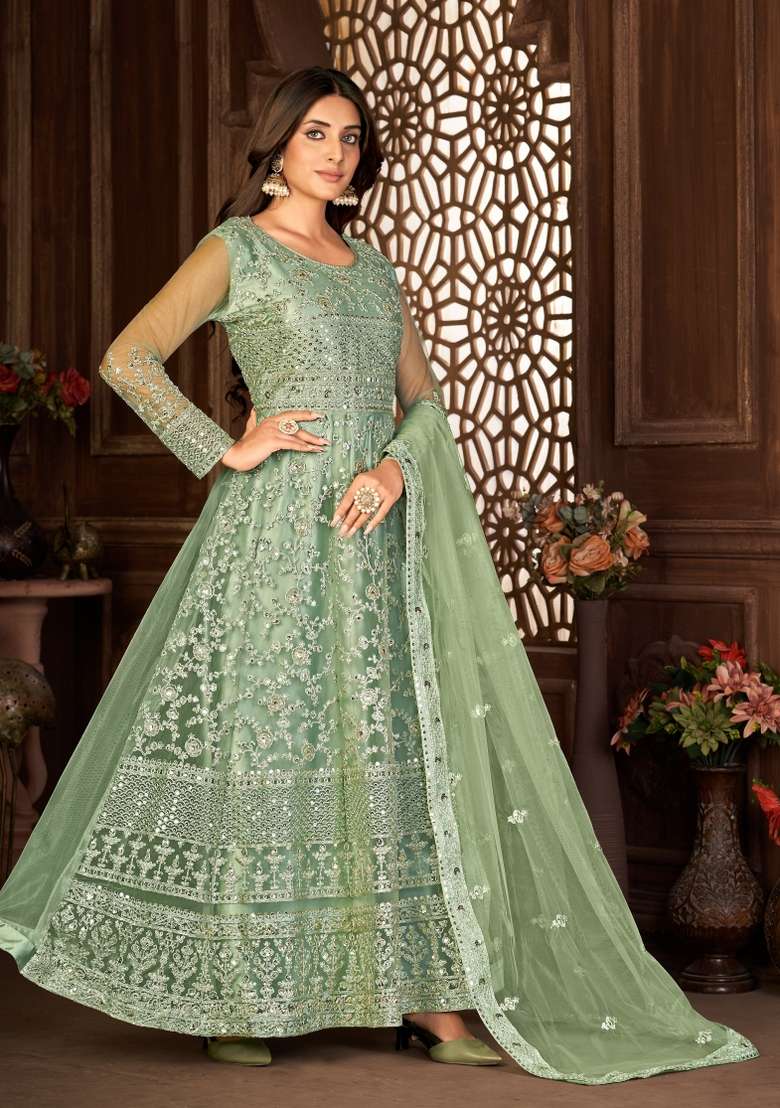 Green Embroidered Net Anarkrali Set - Indya