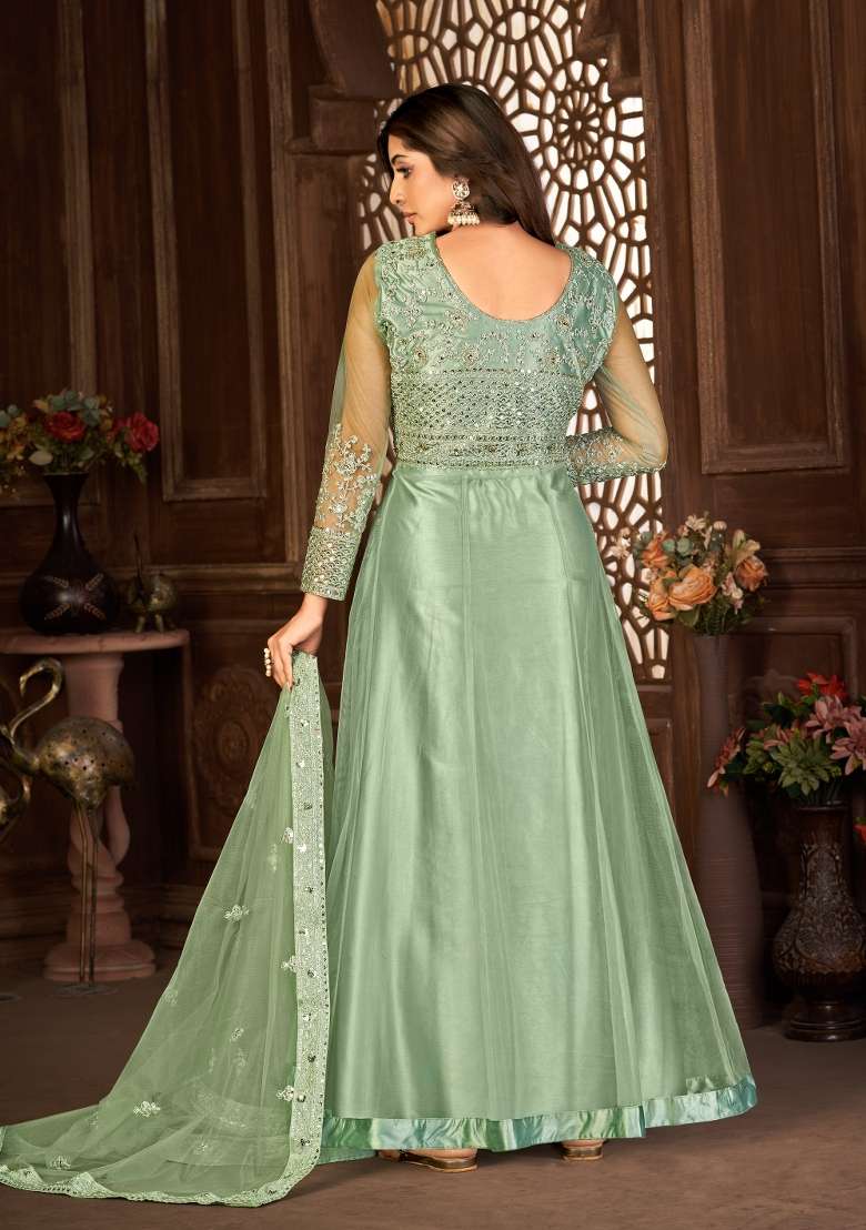 Green Embroidered Net Anarkrali Set - Indya